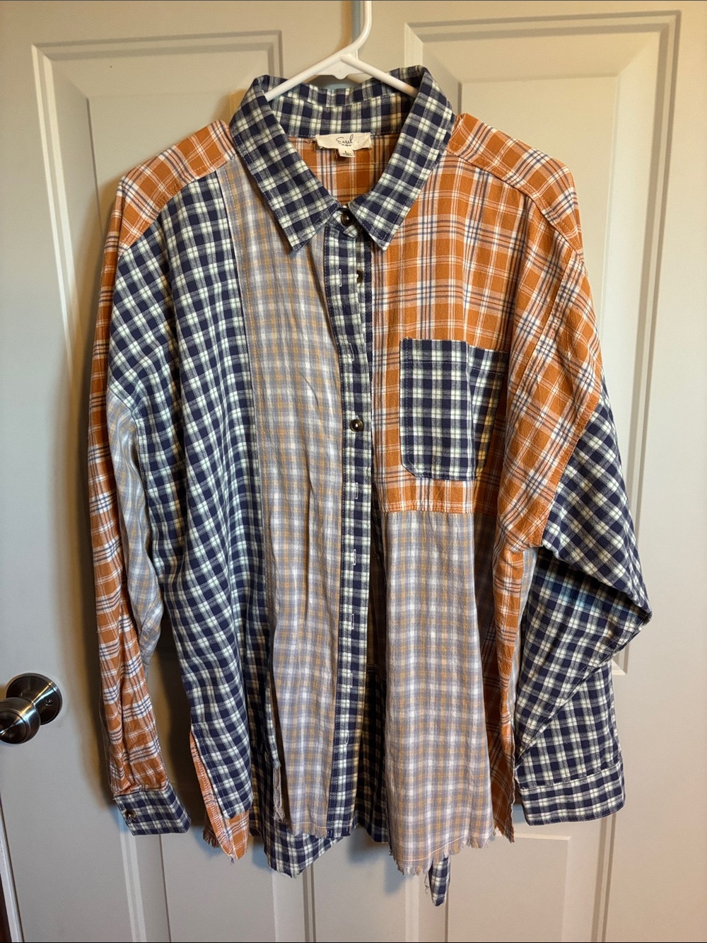 easel Patchwork Plaid Button-Up Shirt - purple grey & Orange